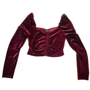 Women's XL Velvet Top Burgundy Ruched Puff Sleeve Stretch Knit Holiday Glam EUC